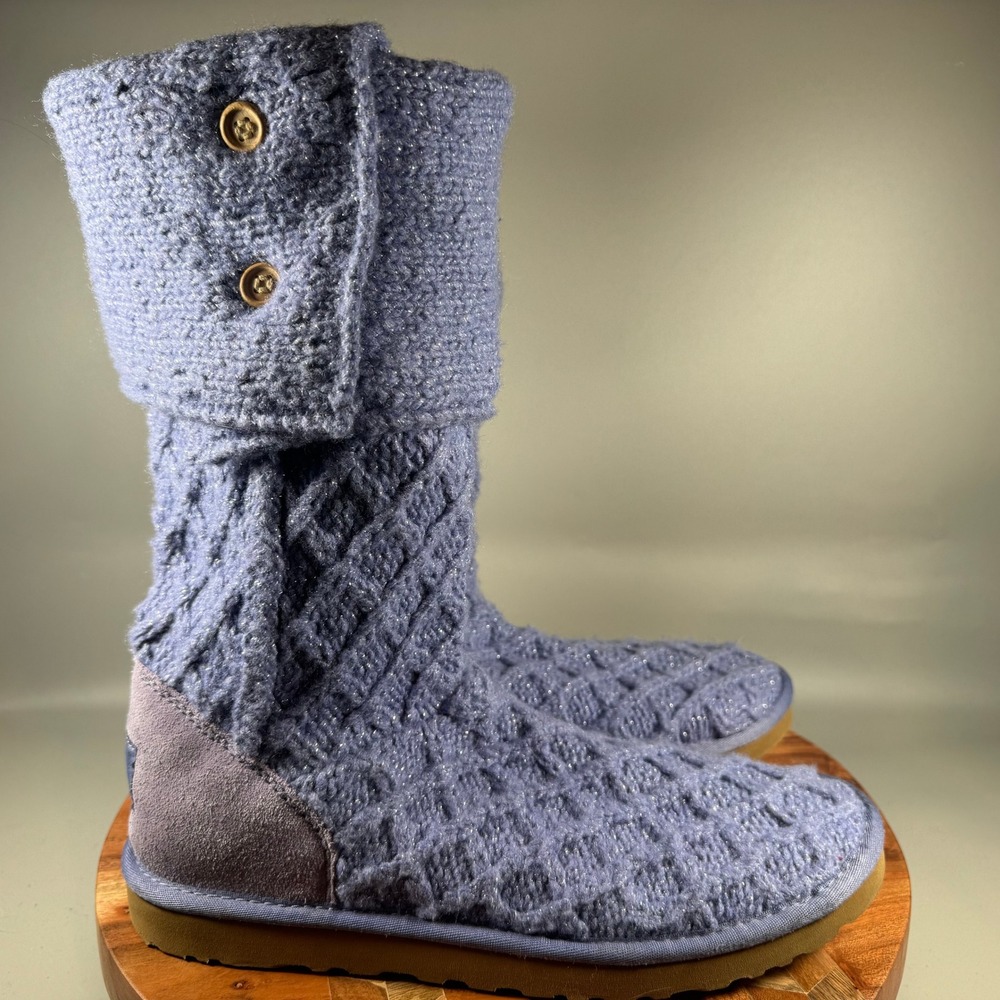 UGG Australia Lattice Cardy 1002483 Blue Metallic Knit Tall Boots Women 10